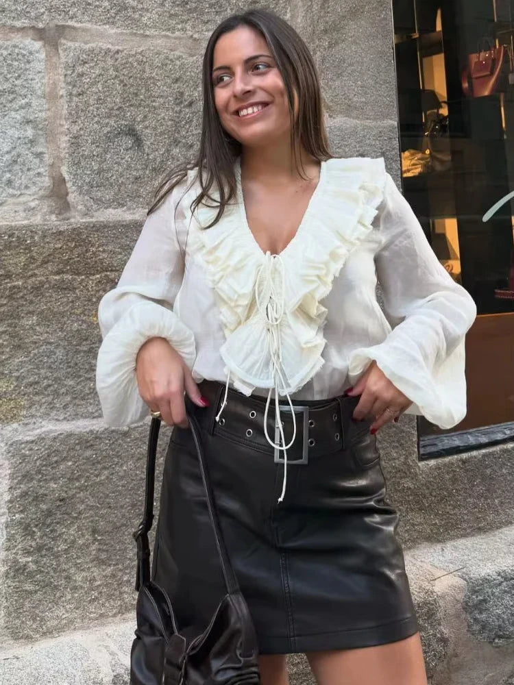 Fashion Solid Vneck Lantern Long Sleeve Blouse