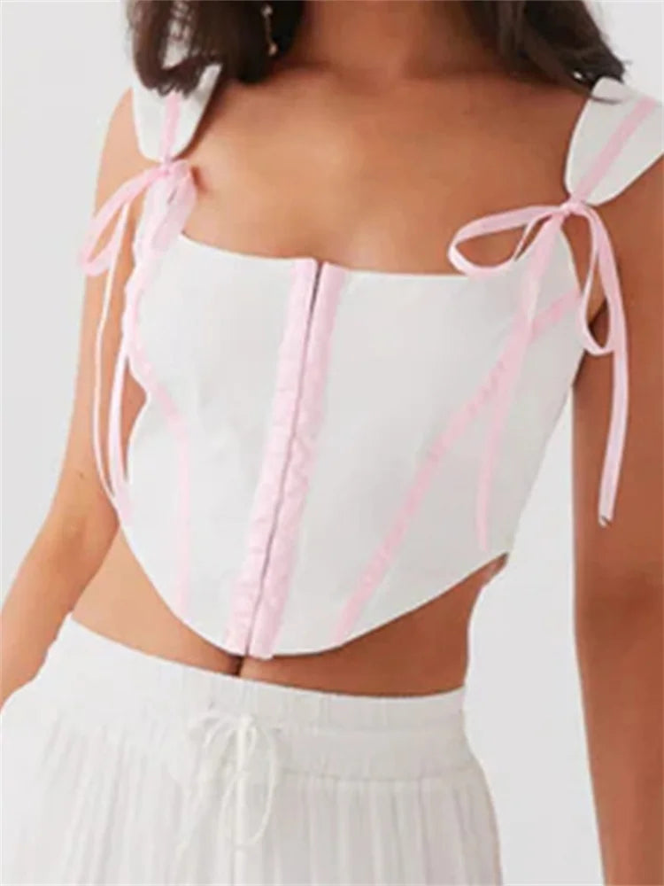 Sexy Summer Fashion White Sleeveless Tieup Strap Front Zip Up Bow Square Neck Mini Vest Streetwear Crop Top