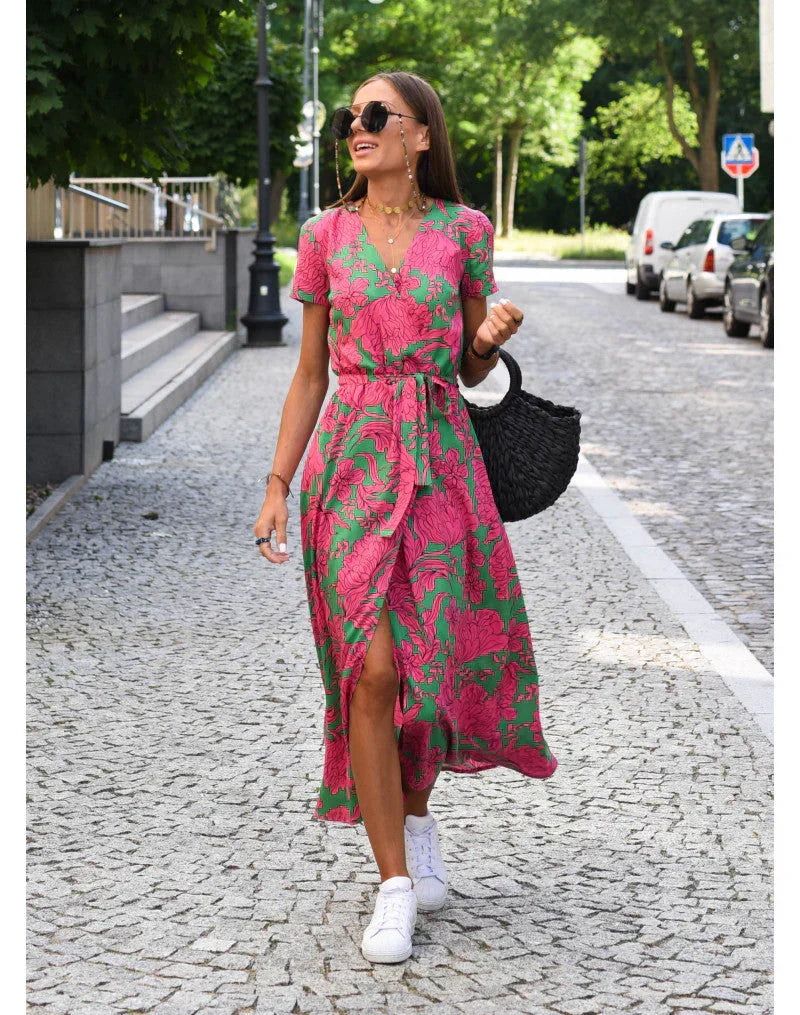 V-Neck Floral Print Short Sleeve Wrap Maxi Dress 3