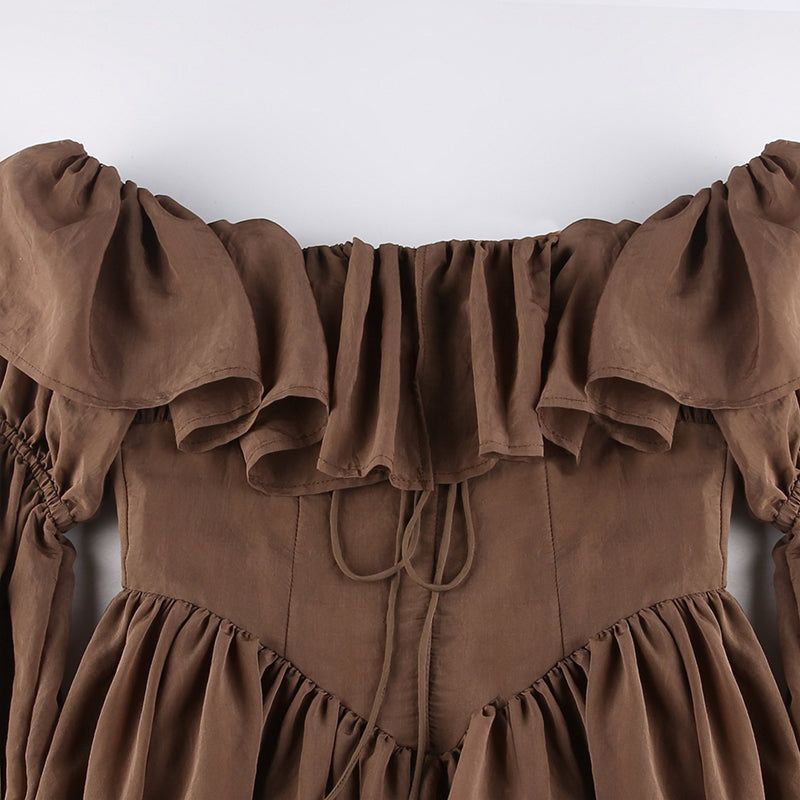 Brown Off-Shoulder Ruffle Puff Sleeve Corset A-Line Mini Dress