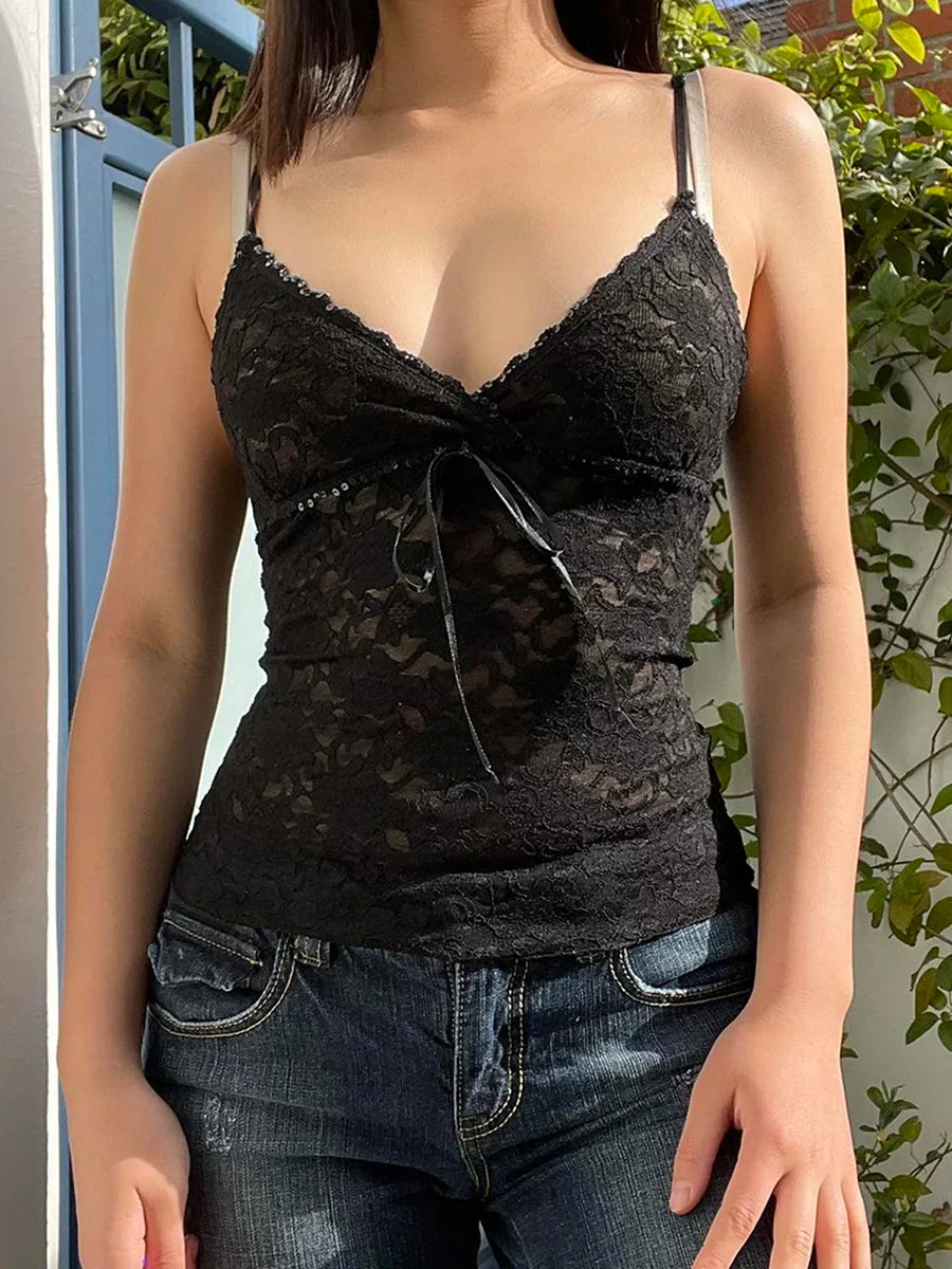 Black Lace VNeck Cami Crop Top