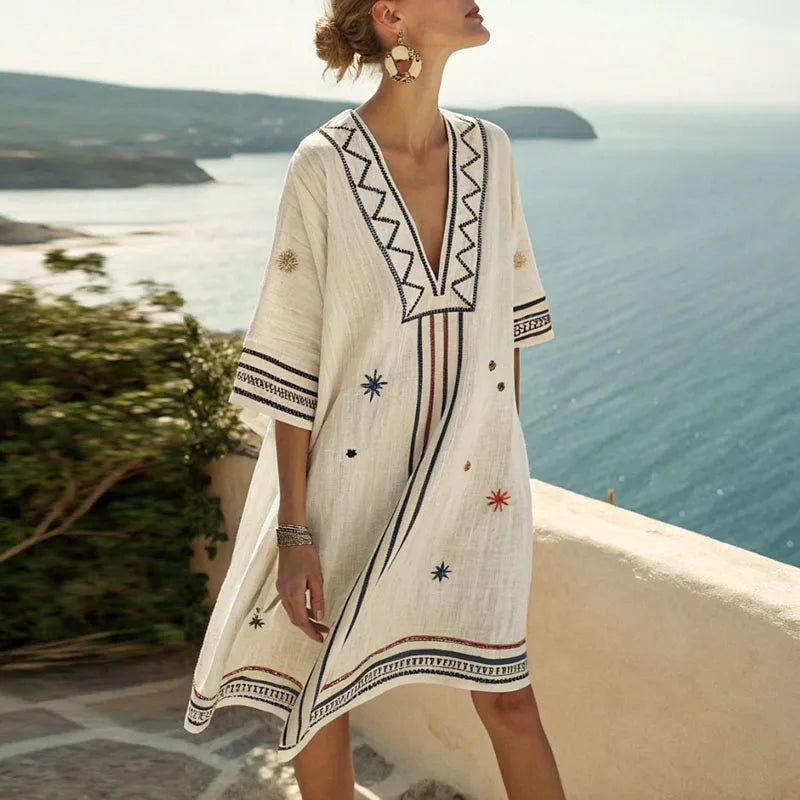 Blue Rust And Gold Pattern V-Neck Embroidered Star Boho Half Sleeve Shift Tunic Mini Dress