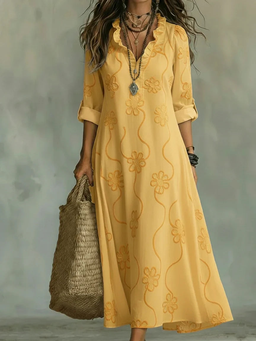 Split Neck Roll Sleeve Floral Textured A-Line Maxi Dress 4