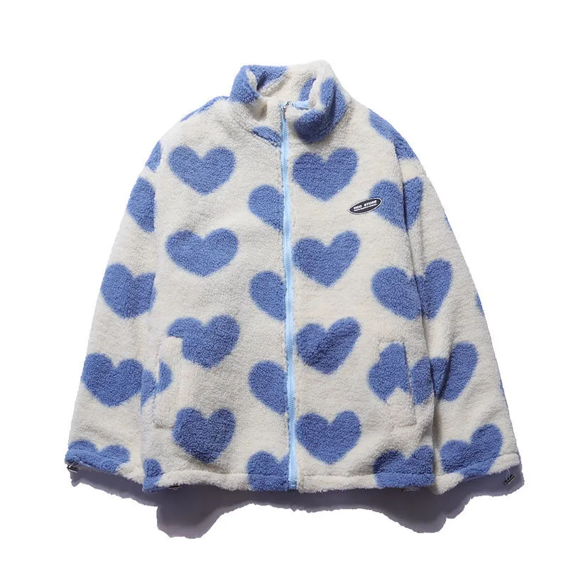 Stand Collar Heart Print Reversible Padded Zip Coat 7