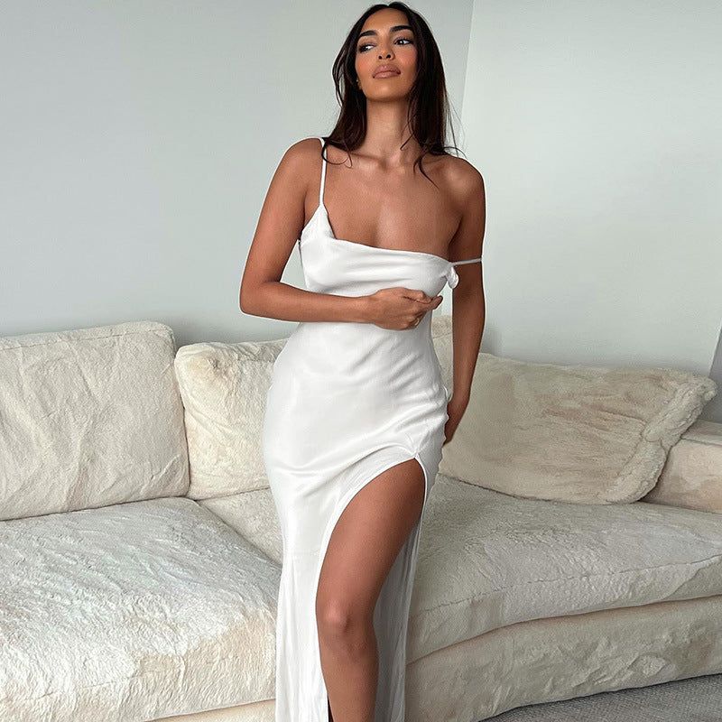 White Spaghetti Strap Cowl Neck Satin High Slit Bodycon Maxi Dress