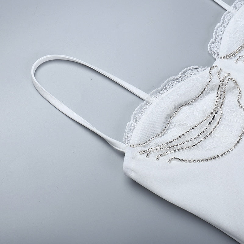 White Spaghetti Strap Crystal Trim Bustier Ruched Bodycon Mini Dress