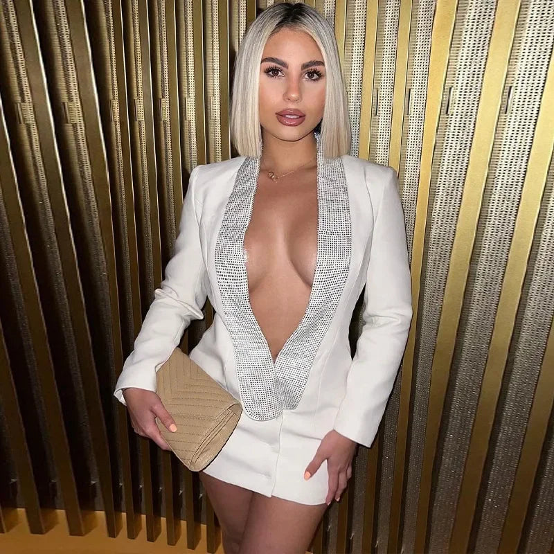 Melody Sequin Deep V Neck Blazer Dress