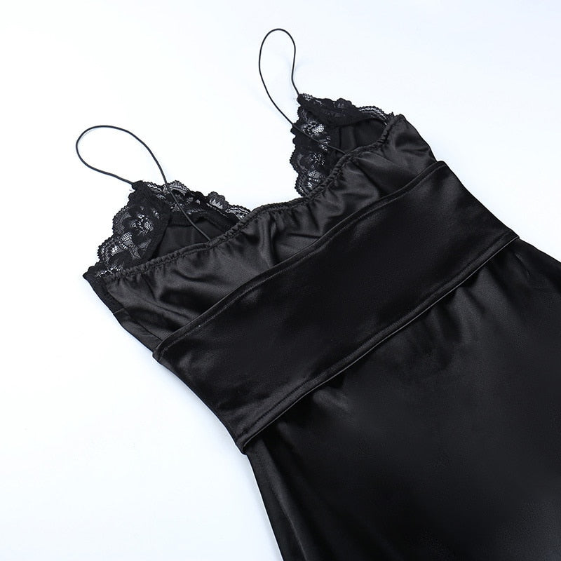 Black V-Neck Lace Trim Lace-Up Corset Satin Mini Dress