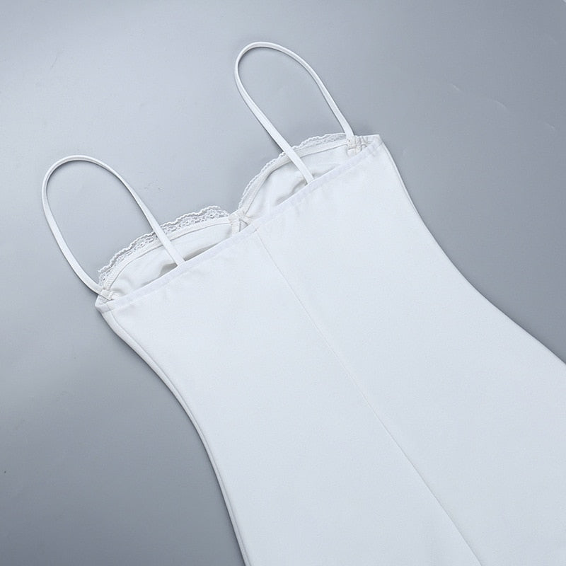 White Spaghetti Strap Crystal Trim Bustier Ruched Bodycon Mini Dress