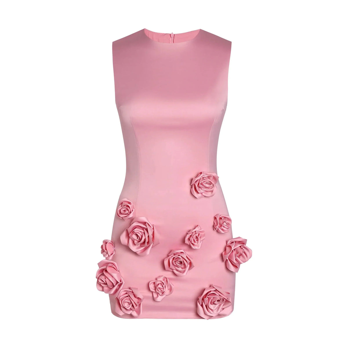 Pink Round Neck Sleeveless Rosette Applique Bodycon Mini Dress