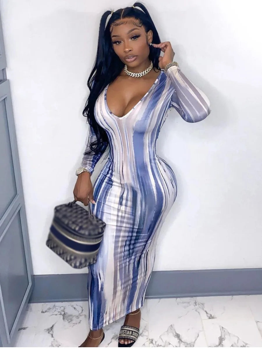 U Neck TieDye Print Bodycon Midi Dress