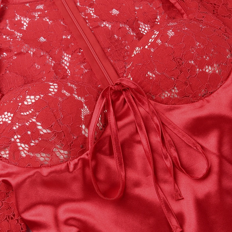 Red Sweetheart Neck Long Sleeve Lace Satin A-Line Mini Dress