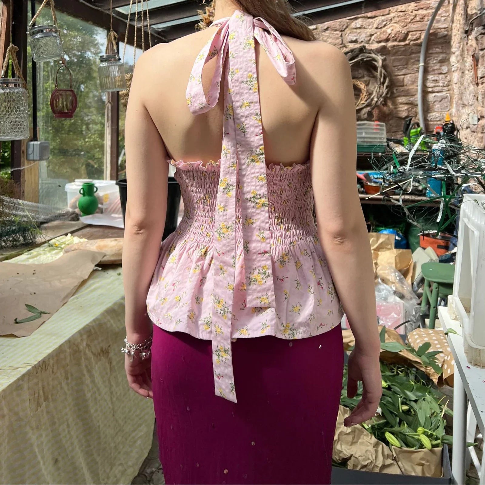 Y2K Floral Print Ruffled Hem TieUp Cami Top