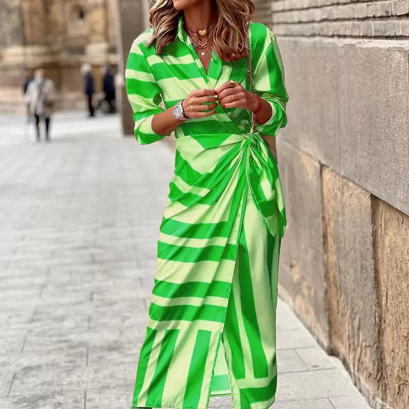 Collared Geometric Print Long Sleeve Twist Waist Bodycon Midi Dress