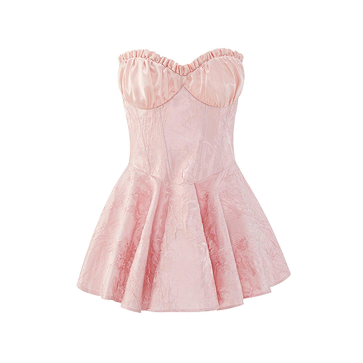 Strapless Ruffle Trim Corset Jacquard Flared Mini Dress