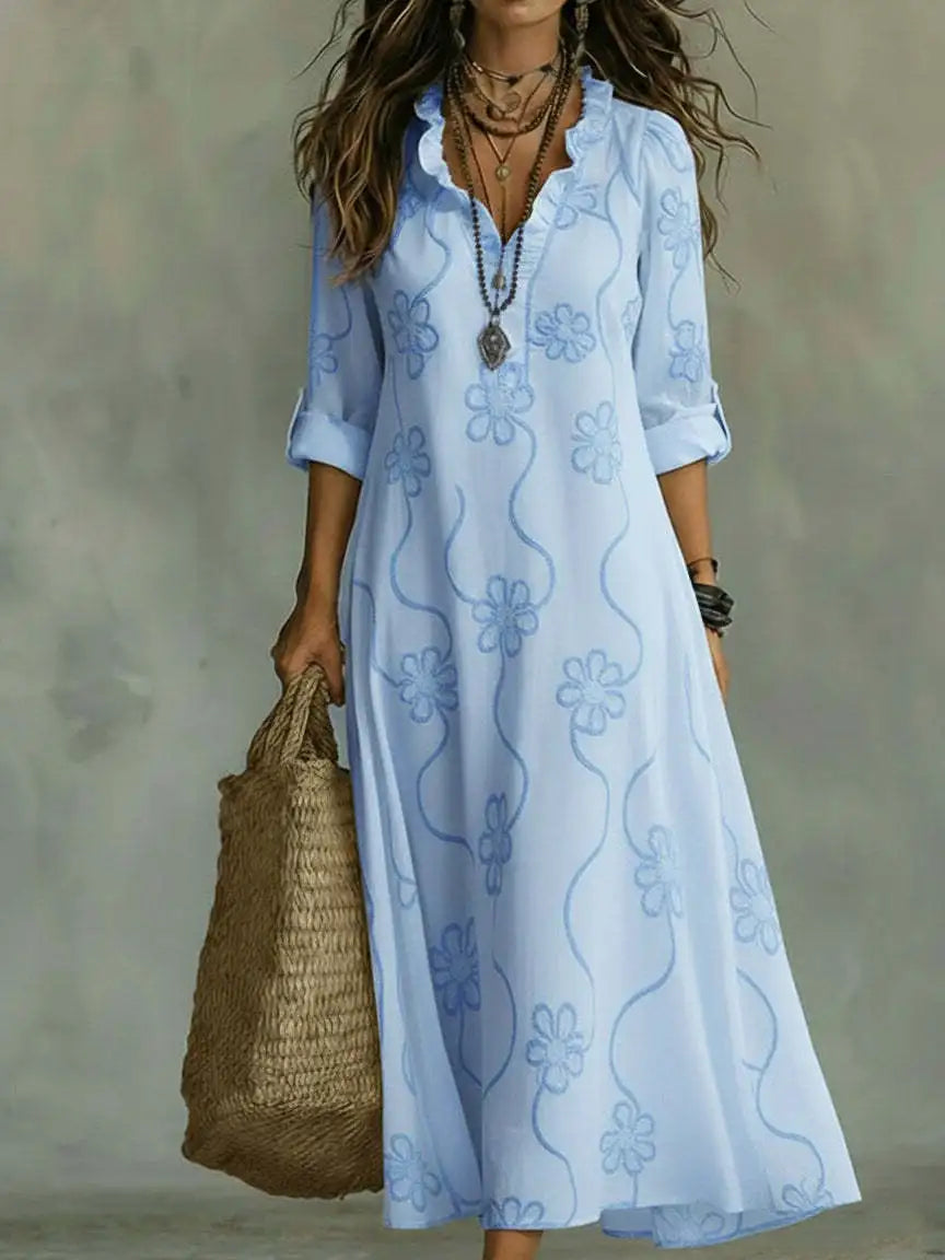 Split Neck Roll Sleeve Floral Textured A-Line Maxi Dress 5