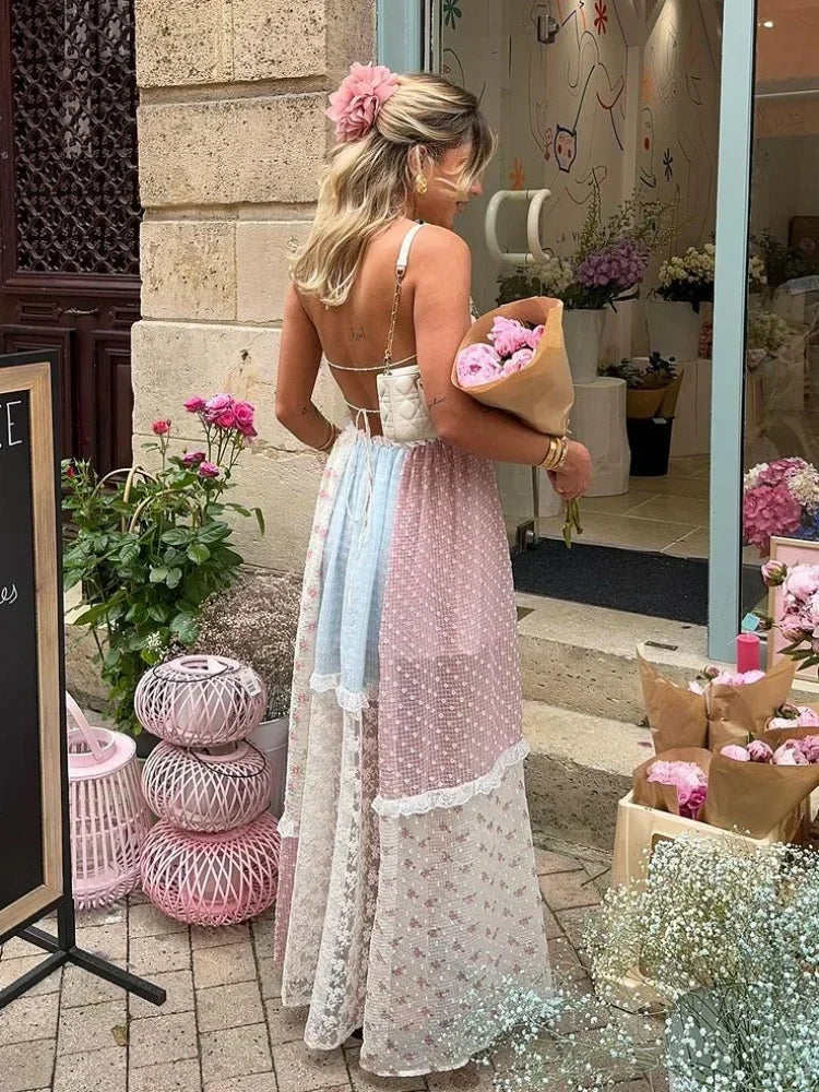 Cream Spaghetti Strap Floral Patchwork Lace Tie-Front A-Line Maxi Dress 3