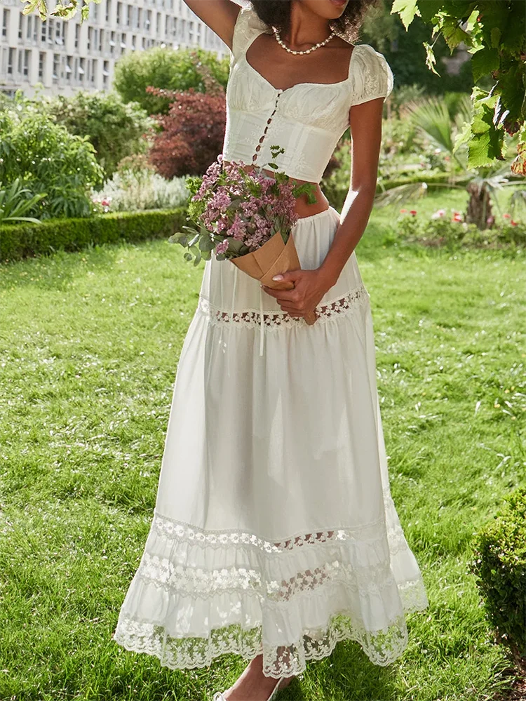 Embroidery White Crop Top Graceful And Midi Skirt Set