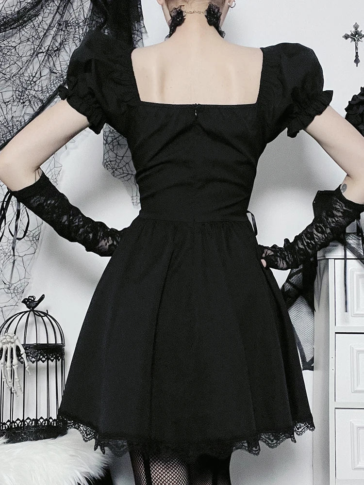 Gothic Lolita Lace Up Corset Embroidery Puff Sleeve Lace Hem Mini Dress 5
