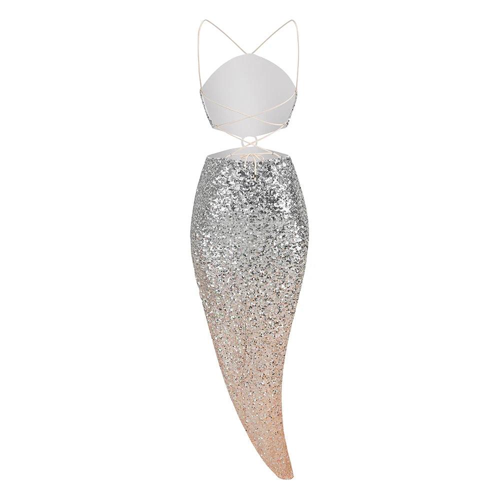 Silver Halter O-Ring Cutout Sequin Ombre High Slit Bodycon Midi Dress 5