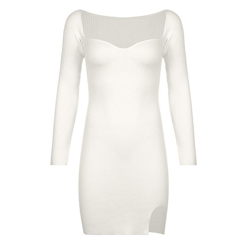 Sweetheart Neck Long Sleeve Ribbed Knit Bodycon Mini Dress