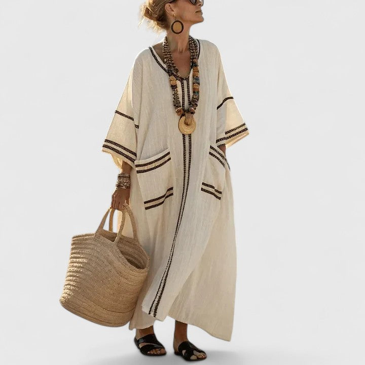 Split Neck Embroidered Striped Pocket Kaftan Maxi Dress