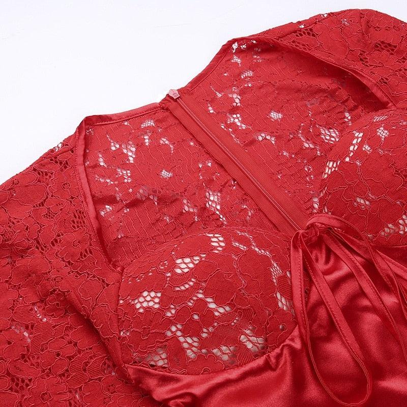 Red Sweetheart Neck Lace Long Sleeve Satin Bow Front A-Line Mini Dress