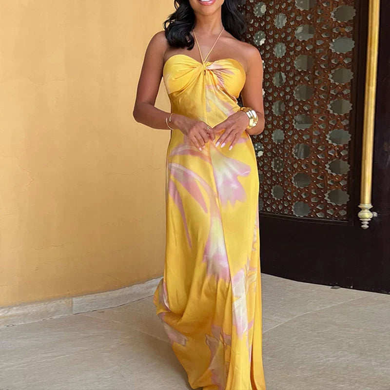 Halter Satin Hollow Slim Floral Dress