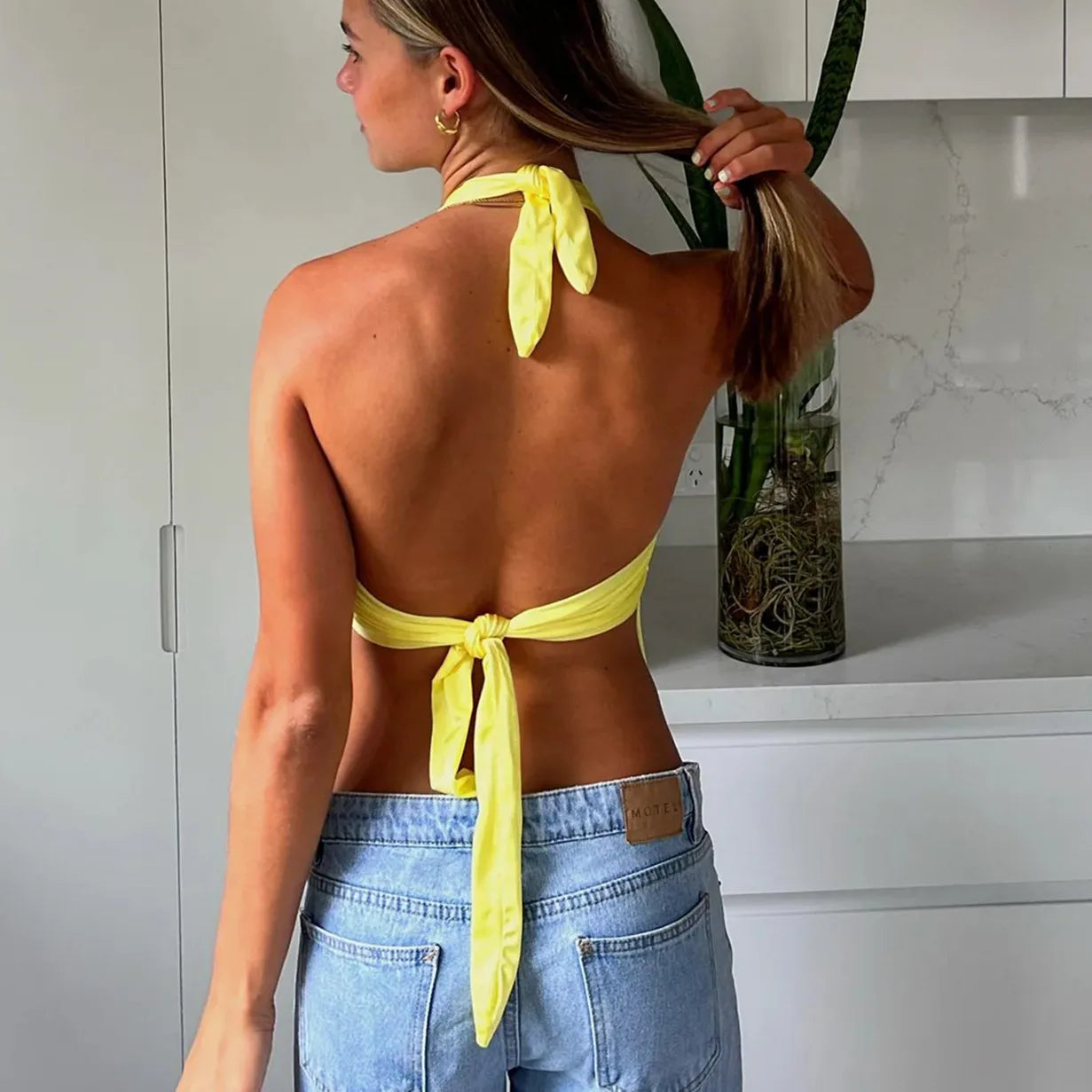 Y2K Halter Tie Back Slim Fit Solid Cami Top