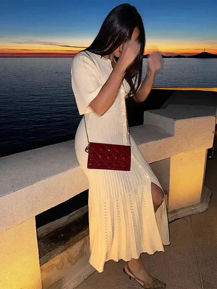 Patchwork Knitted Hollow ONeck Ribbed Work Dress