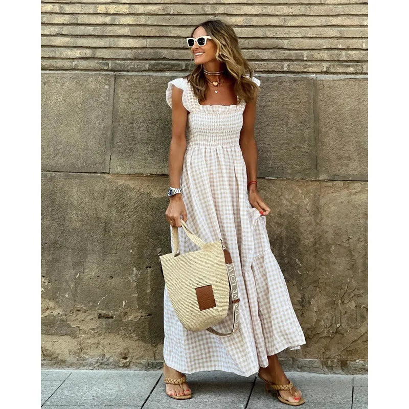 Square Neck Gingham Smocked Bodice Ruffle Strap Tiered Maxi Dress