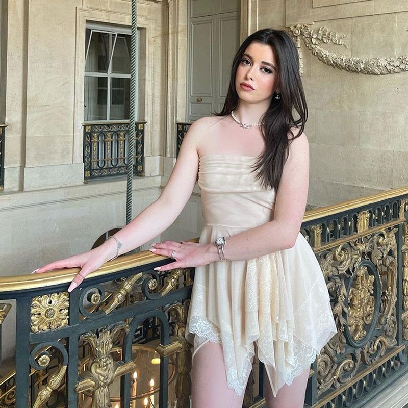 Beige Strapless Ruched Mesh Open Back Handkerchief Hem Mini Dress