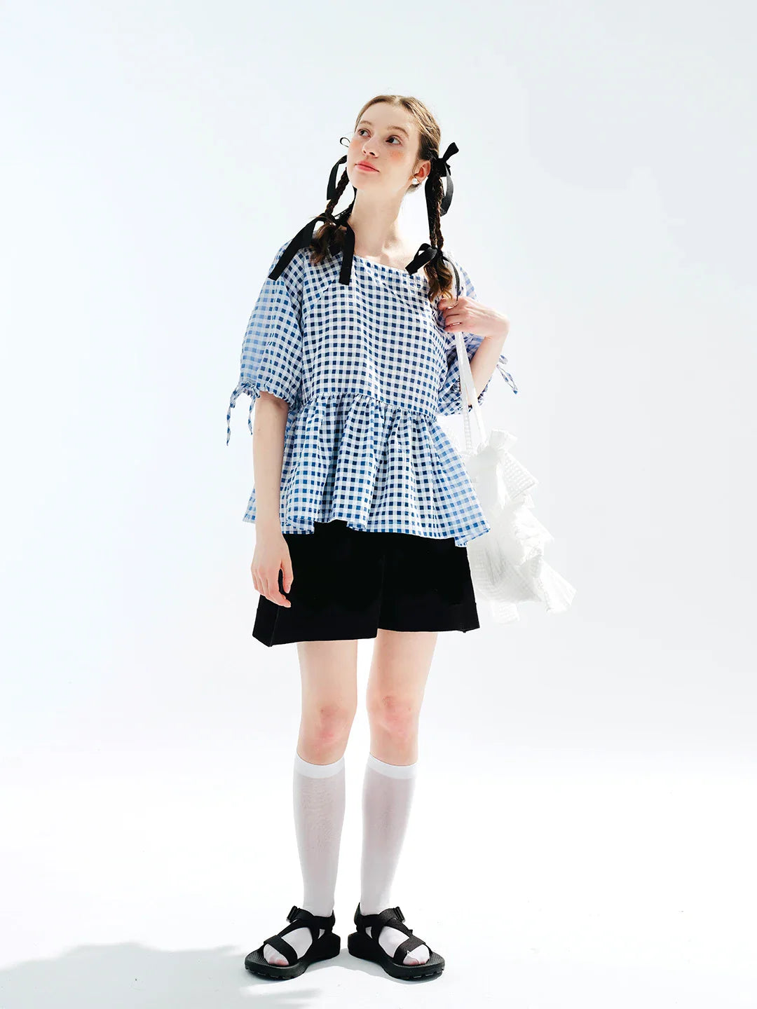 Plaid Laceup Short Sleeve Tshirt Blouse