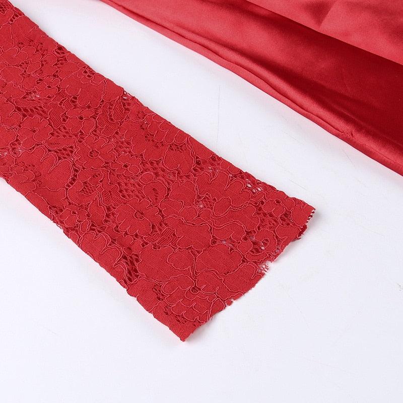 Red Sweetheart Neck Lace Long Sleeve Satin Bow Front A-Line Mini Dress
