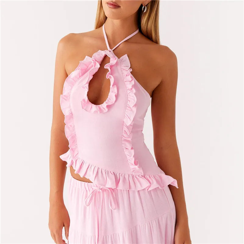 Ruffle Frill Cute Y2K Front Cutout Backless Cami Top
