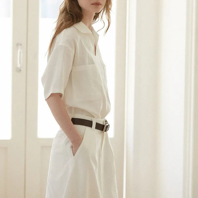 100% Linen Vneck Short Sleeve Blouse