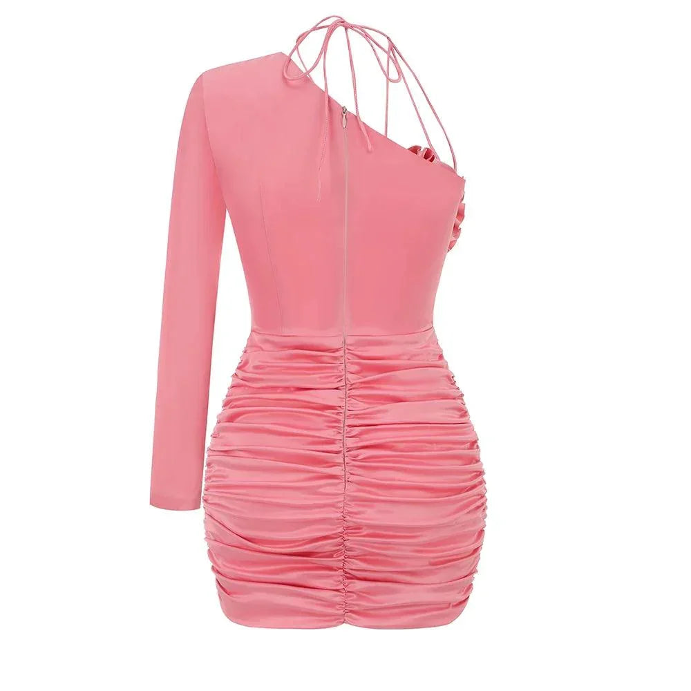 Pink One Shoulder Rosette Satin Cutout Ruched Bodycon Mini Dress