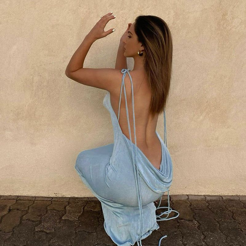 Halter Backless Lace-Up Draped Back Bodycon Maxi Dress