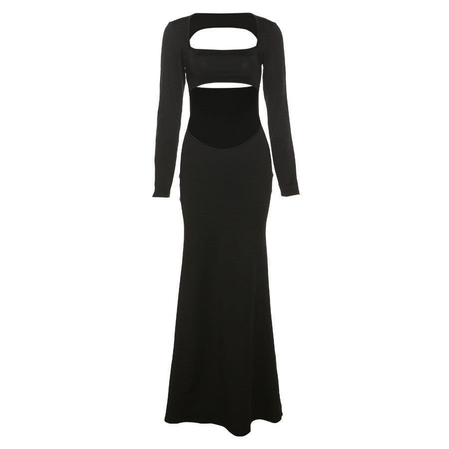 Black Square Neck Long Sleeve Cutout Bodycon Mermaid Maxi Dress