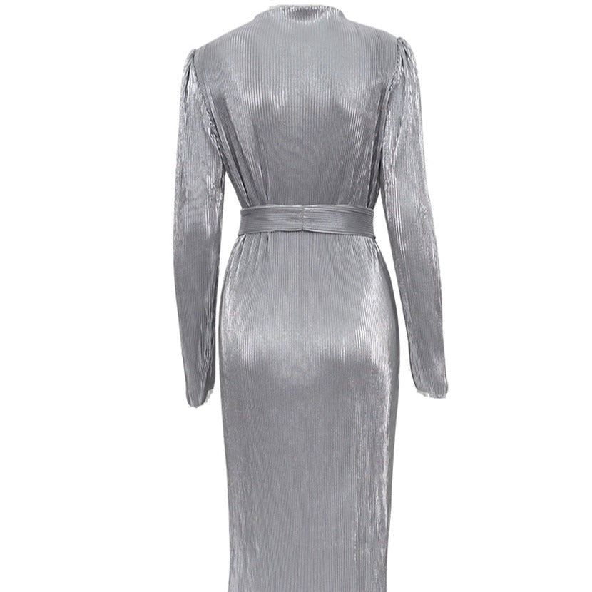 Silver Round Neck Metallic Pleated Long Sleeve Tie Waist A-Line Midi Dress