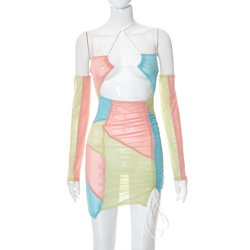 Multi Halter Strap Colorblock Mesh Ruched Cutout Bodycon Mini Dress