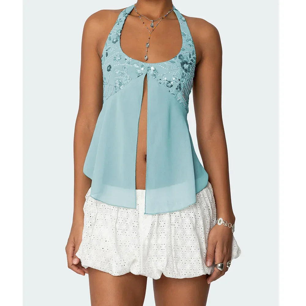 Pearl Embellished Sequins Halter Backless Cami Top