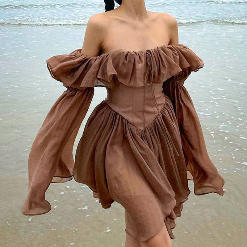 Brown Off-Shoulder Ruffle Puff Sleeve Corset A-Line Mini Dress
