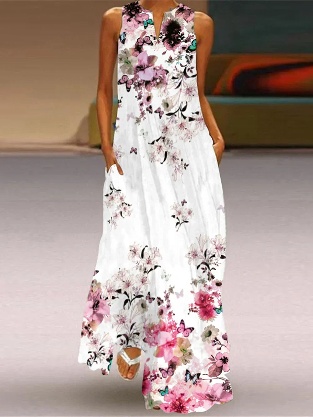 Split Neck Butterfly Print Sleeveless Pocket A-Line Maxi Dress