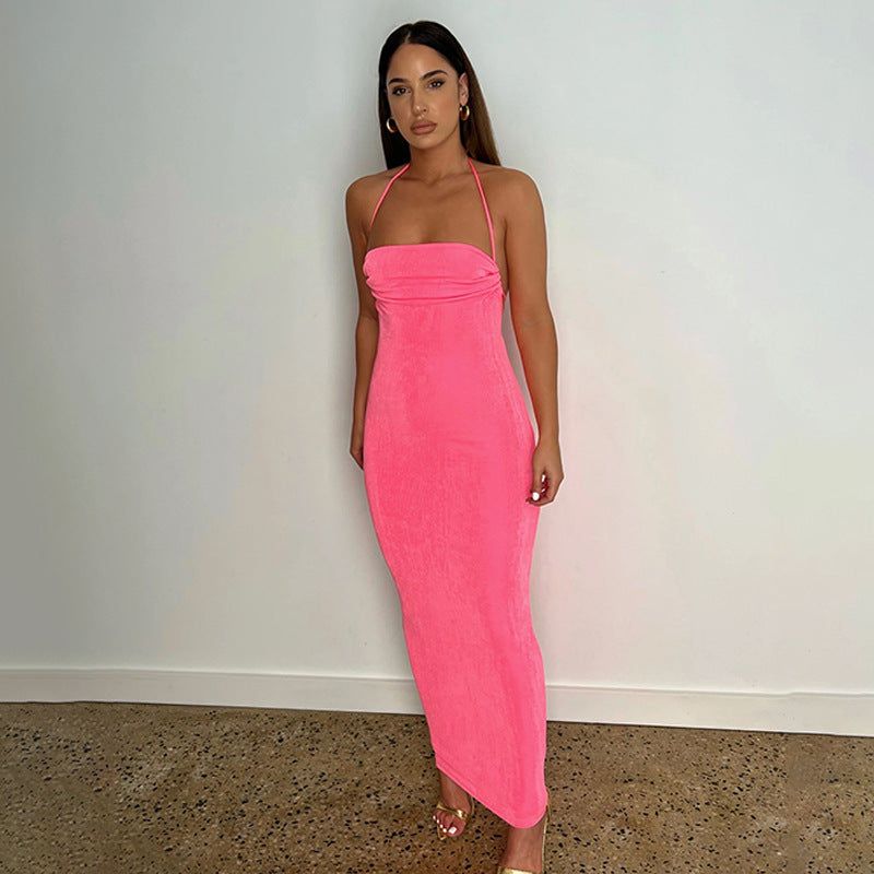 Halter Backless Lace-Up Draped Back Bodycon Maxi Dress
