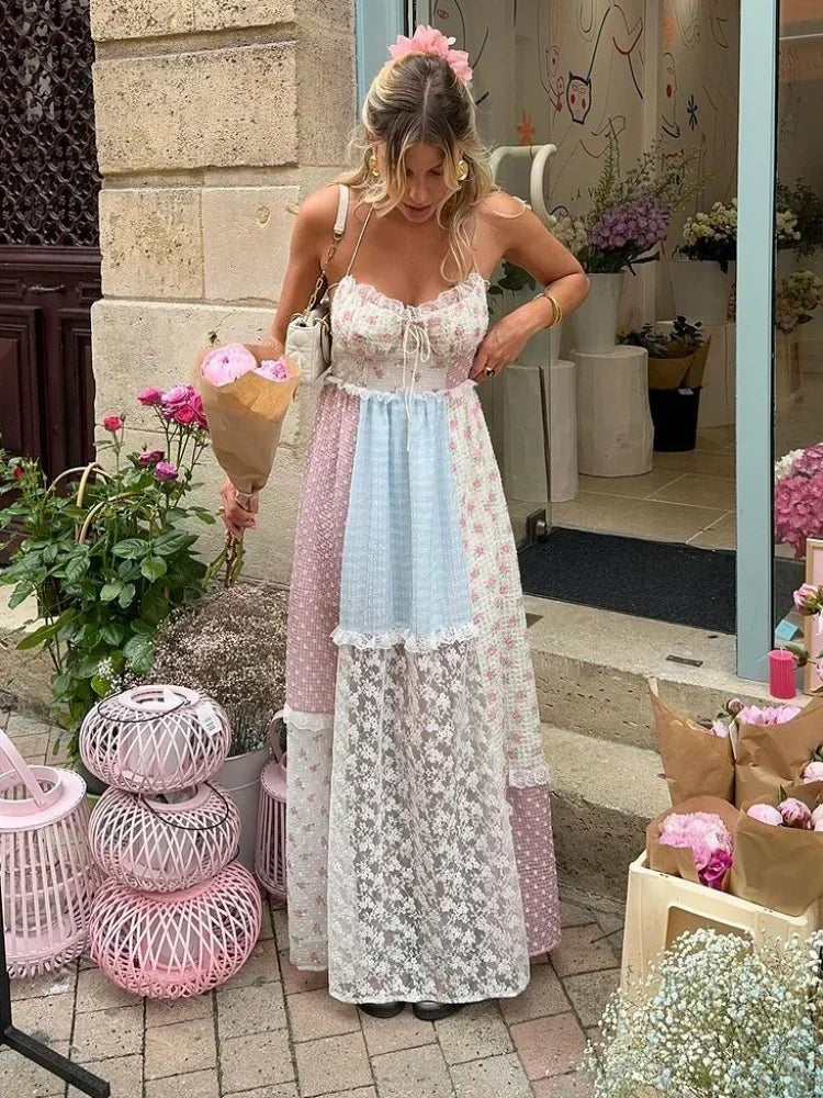 Cream Spaghetti Strap Floral Patchwork Lace Tie-Front A-Line Maxi Dress