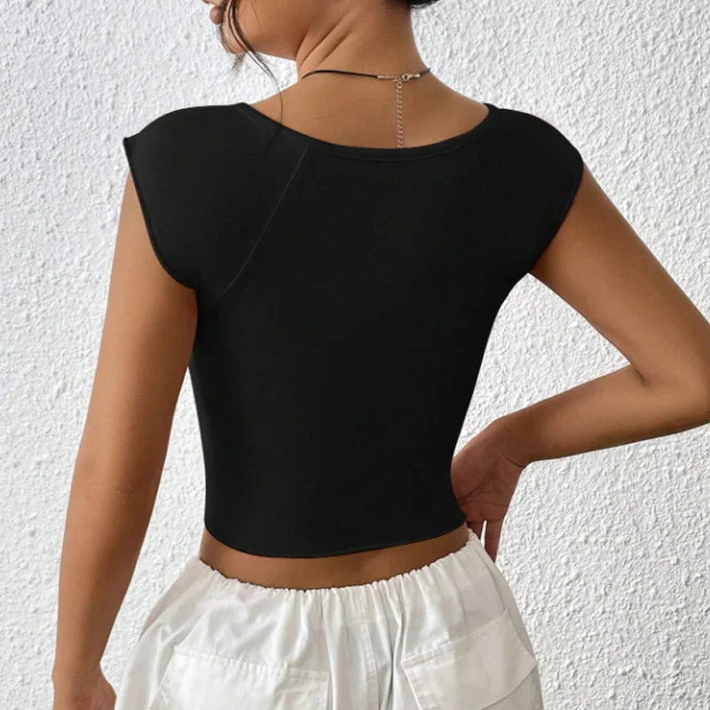 Pleated Deep VSlit Slim Fit Crop Top
