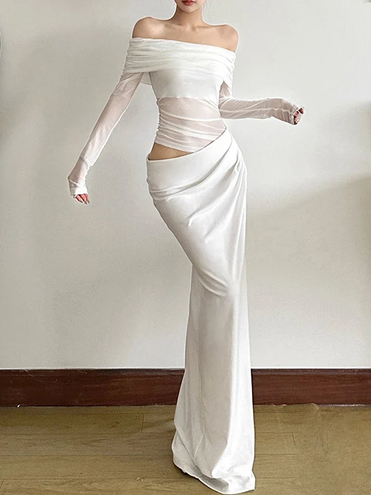 Mesh Patchwork Slash Neck Maxi Dress