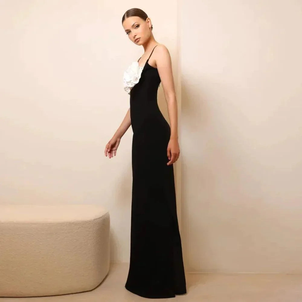 Black Spaghetti Strap Rose Flower Applique Bodycon Maxi Dress 6