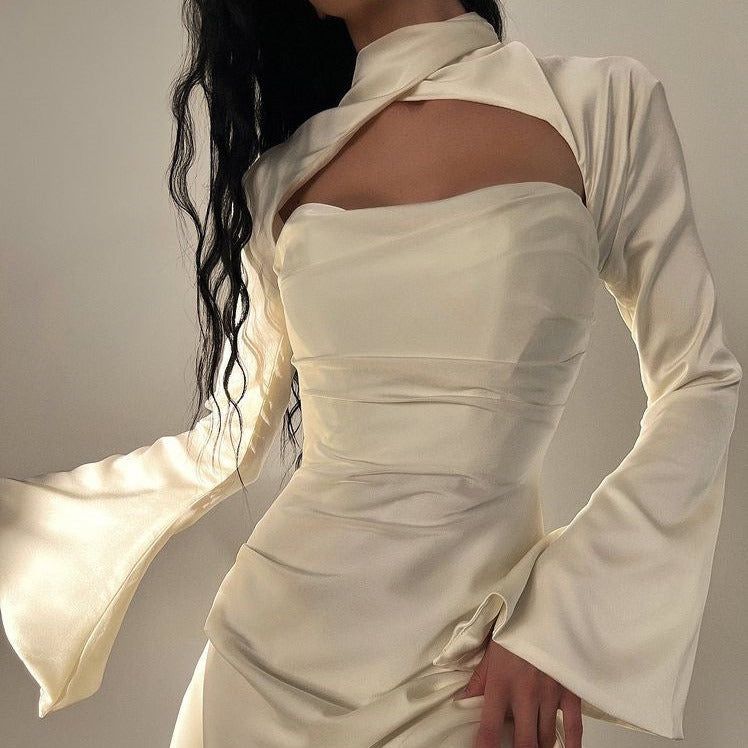 White Halter Neck Cutout Flared Sleeve Ruched Satin Bodycon Mini Dress